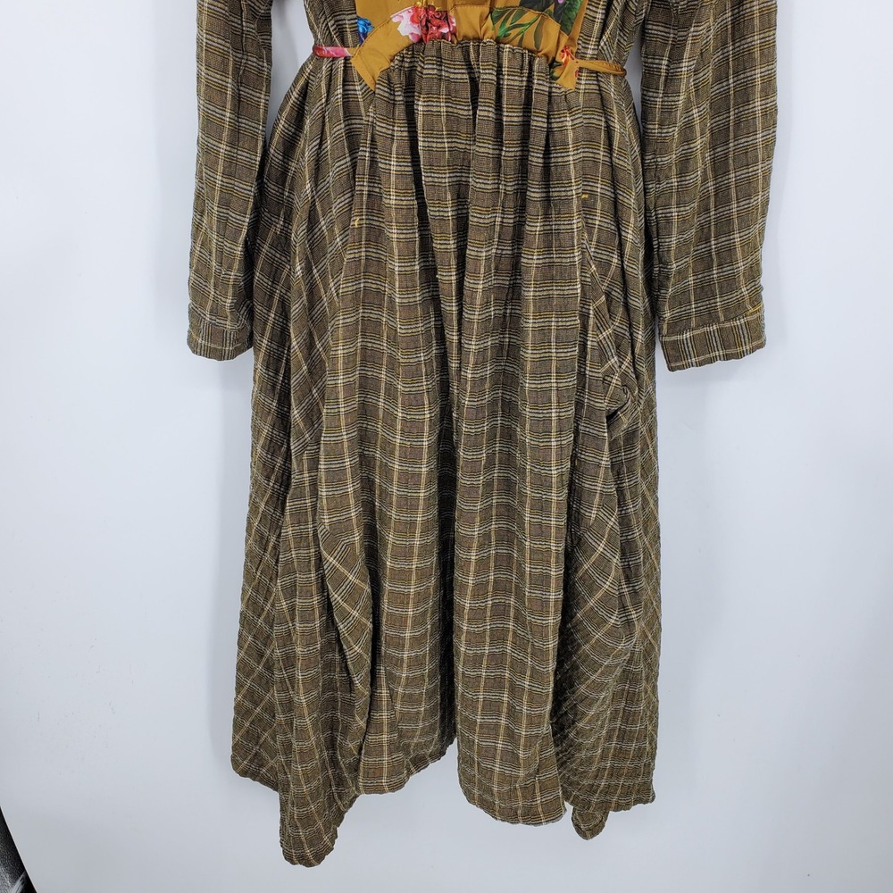 Alembika Floral Plaid Mixed Media Midi Dress Brown 4 Lagenlook Artsy Cottagecore - Picture 13 of 13